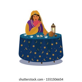 Vector illustration of fortune teller with tarot cards in hand sitting at table with lantern and candles. Female asian character. Flat style.