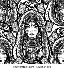Vector illustration, fortune teller with tarot cards in hand, spirituality and occultism, Handmade, print, light  background, seamless pattern