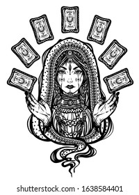 Vector illustration, fortune teller with tarot cards in hand, spirituality and occultism, Handmade, tattoo, print on t-shirt