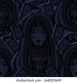 Vector illustration, fortune teller with tarot cards in hand, spirituality and occultism, Handmade, print, dark  background, seamless pattern