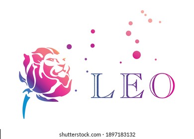 Vector illustration fortune telling LEO, stars, Lion rose image graphic,  space, planet, flower, for lady, animal, gradation colors, pink, blue, adult colors.