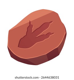 Vector illustration of fossilized three-toed dinosaur footprint on brown stone. Imprint. Fossil excavation. Paleontology. Flat style. Isolated background. Icon.