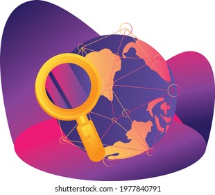 Vector illustration fot web banner or landing page. Search symbol depicted with magnifying glass and earth. Community trading market analysis Business working. modern design idea concept  icon vector.