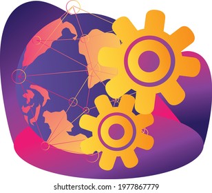 Vector illustration fot web banner or landing page. Globe and gear line icon. linear style sign for mobile concept and web design. Global settings symbol, logo illustration.