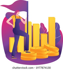 Vector illustration fot web banner or landing page. Achieve income growth. Increase the concept vector. Entrepreneurs hold the flag of success and get a lot of money or gold coins. Business concept.