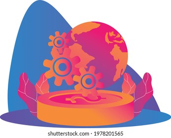 Vector illustration fot web banner or landing page. Globe, gear line, and coin icon. linear style sign for mobile concept and web design. Global settings symbol, logo illustration.