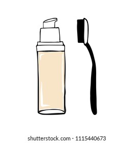 Vector Illustration Foundation cream with makeup face brush. Make up cosmetic product for banner, poster. Liquid foundation background with cream tube. Vector illustration