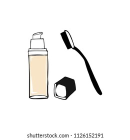 Vector Illustration Foundation cream with makeup face brush. Make up cosmetic product for banner, poster. Liquid foundation background with cream tube. Vector illustration