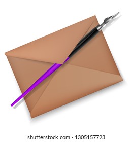 Vector illustration, of fountain pen and brown envelope. Realistic style illustrated