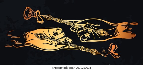 Vector illustration. Fountain pen hand, write in ink. Handmade, stickers, background chalkboard