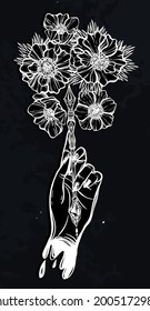 Vector illustration. Fountain pen hand, write in ink, white anemones flowers. Stickers, handmade, background chalkboard