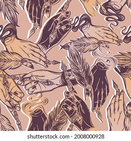 Vector illustration. Fountain pen hand, write in ink. Stickers, handmade, pink background, seamless pattern