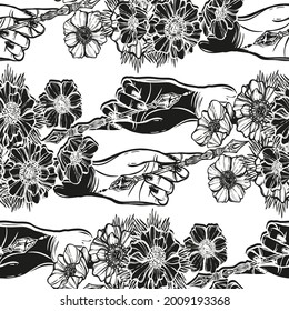 Vector illustration. Fountain pen hand, write in ink, white anemones flowers. light  background, seamless pattern, handmade