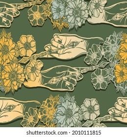 Vector illustration. Fountain pen hand, write in ink, white anemones flowers. dark background, seamless pattern, handmade