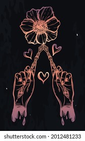 Vektorgrafik. Hand des Füllers, in Tinte schreiben, weiße Anemonenblumen. Hintergrund-Kalkboard, handgefertigt