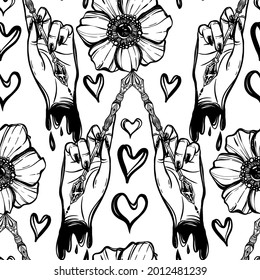 Vector illustration. Fountain pen hand, write in ink, white anemones flowers. light  background, seamless pattern, handmade