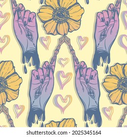 Vector illustration. Fountain pen hand, write in ink, white anemones flowers. light yellow background, handmade, seamless pattern