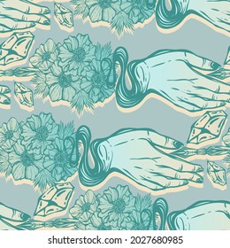 Vector illustration. Fountain pen hand, write in ink, white anemones flowers, handmade. Light  blue background, seamless pattern