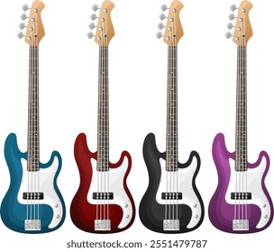 A vector illustration of four 4-string bass guitars in blue, red, black, and pink, showcasing their sleek and detailed designs.