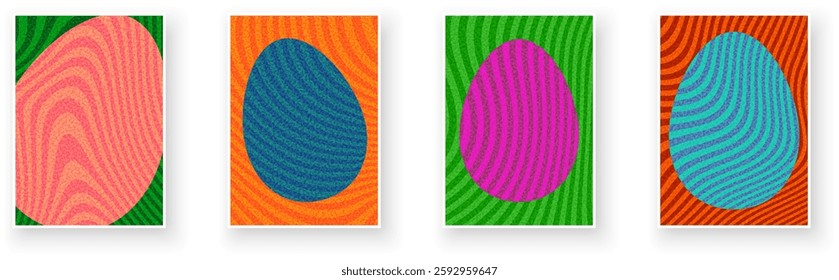 Vector illustration of four abstract Easter egg designs with bold colors and wavy patterns, creating a modern festive look.