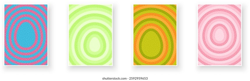 Vector illustration of four abstract Easter eggs with concentric ring patterns in vibrant colors, creating a festive and modern look.