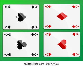 Vector illustration of four aces playing cards on green background