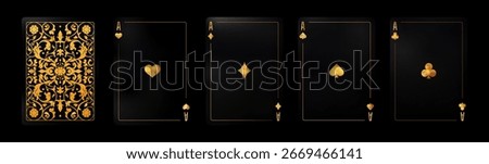 Vector illustration of four aces playing cards with elegant black and gold design. Card back. Luxury casino style perfect for poker, gambling, entertainment, and premium graphic projects.