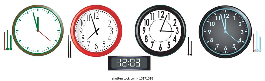Vector illustration of four analog and one digital clocks