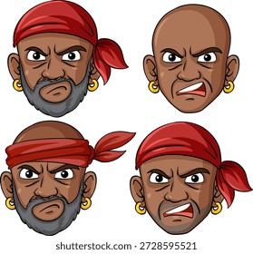 Ilustración vectorial de cuatro rostros piratas enojados, estilo de dibujos animados, líneas audaces, colores vibrantes