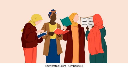 Ilustración vectorial de cuatro muchachas árabes de hiyab discutiendo y leyendo en sencillo estilo plano. Colección de mujeres musulmanas como amantes del libro, lectores, fans de la literatura moderna concepto aislado.