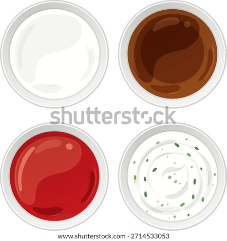 Vector illustration of four assorted Asian sauces in bowls, top-down view, clean flat style