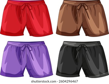 Vector illustration of four athletic shorts in red, brown, purple, and black. Simple design with bold colors and shading