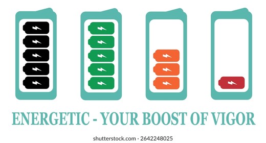 Vector illustration of four battery icons in different charge levels with bold text “Energetic – Your Boost of Vigor,” symbolizing energy, vitality, and power levels in a modern flat style.