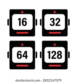 Vector illustration of four black digital device icons displaying numbers 16, 32, 64, and 128 on screens with red accent elements