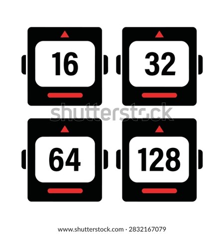 Vector illustration of four black digital device icons displaying numbers 16, 32, 64, and 128 on screens with red accent elements