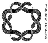 Vector illustration of four black snakes biting their tails intertwined in the shape of an octagram sign. Ouroboros symbol silhouette. Isolated serpent tattoo design.