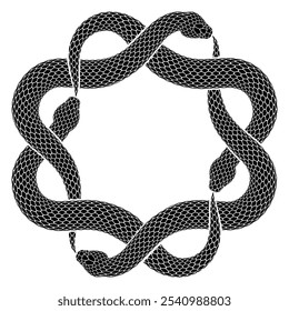 Ilustración vectorial de cuatro serpientes negras mordiendo sus colas entrelazadas en forma de signo de octagrama. Silueta del símbolo de Ouroboros. Diseño aislado del tatuaje de la serpiente.