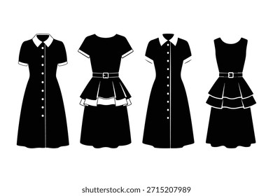 Ilustração vetorial de quatro silhuetas de vestido preto e branco com coleiras cintos peplum camadas e cós ajustados ideais para design de moda e referência de vestuário.