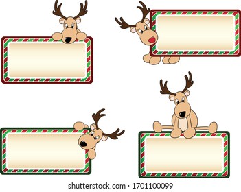 Eine Vektorillustration, die vier leere Weihnachtsfeiertagsmarken mit süßen Rentieren zeigt, die hinter ihnen hergucken