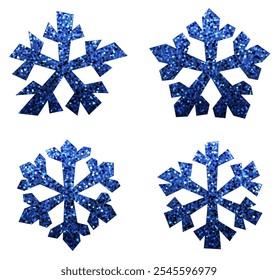 Vector illustration of four blue glitter snowflakes on white, ideal for festive and winter-themed design projects.