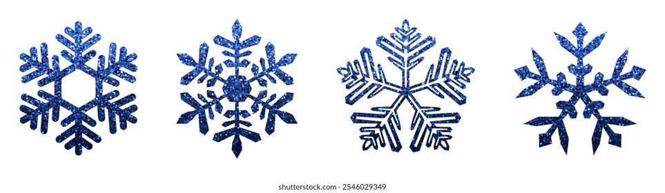 Vector illustration of four blue glitter snowflakes on a white background, perfect for winter and festive projects.