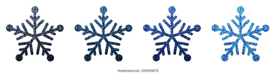 Vector illustration of four blue glittery snowflakes on a white background, perfect for winter and holiday designs.