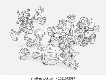 Vector illustration of four broken cartoon robot contour line black and white drawing an outline isolate