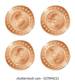 vector illustration of four bronze coins with dollar, euro, pound and yen signs. EPS