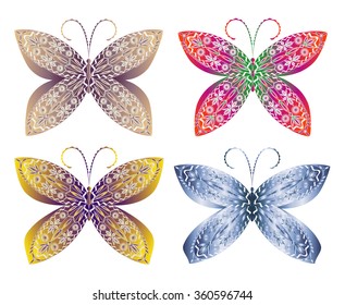 Vector illustration four butterflies with patterns.