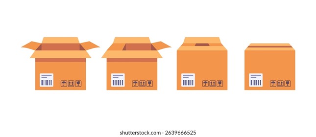 vector illustration of Four cardboard boxes represented in different states of being opened and sealed, illustrating concepts of packaging and shipping processes.
