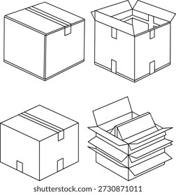 Vector illustration of four cardboard boxes in different states: closed, open, sealed, and flattened