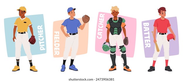 Ilustración vectorial De Cuatro Jugadores De Béisbol De Dibujos Animados Que Representan Diferentes Posiciones. Jugadores De Pitcher, Fielder, Catcher Y Bateador Con Sus Uniformes Únicos Y Engranaje Contra Fondos De Colores