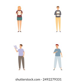 Vector illustration of four cartoon characters engaging in different activities on a white background