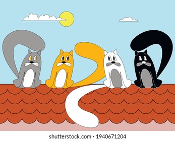 Vector illustration - four cartoon colorful funny cats sit on the tiled roof of a house against the background of a blue sky with the sun and white clouds. Concept - a fun friendly company